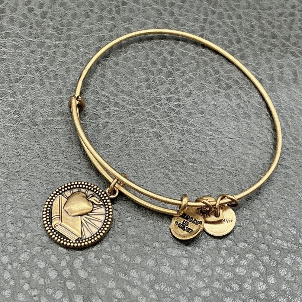 Alex‎ And Ani Bracelet Gold Tone Knowledge Teacher Owl Apple Charm Bangle Womens